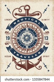 Vintage Nautical Traveler Typography. T-shirt and label graphics in woodcut style. Editable EPS10 vector illustration.