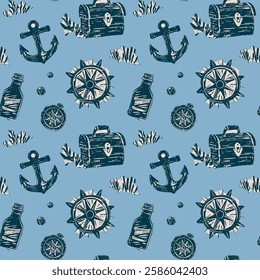 Vintage Nautical Treasure Map Elements on Blue Pattern. Hand-drawn anchors, treasure chests, compasses, bottles, ship wheels in blue on light blue background vintage nautical pirate-inspired design.