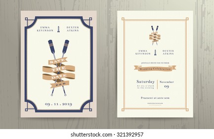 Vintage Nautical Twin Paddles Ribbon Wedding Invitation Card Template On Wood Background