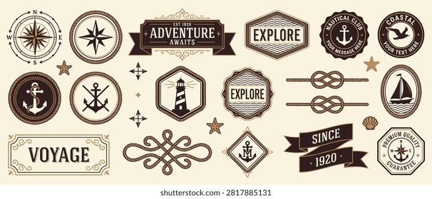 Vintage nautical voyage banner with compass anchor lighthouse ship wheel flag and sailboat badges for explore poster since 1920 flyer vintage badge design