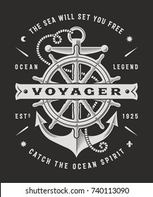 Vintage Nautical Voyager Typography On Black Background. T-shirt and label graphics in woodcut style. Editable vector illustration.