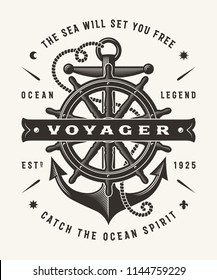 Vintage Nautical Voyager Typography (One Color). T-shirt and label graphics in woodcut style. Editable EPS10 vector illustration.