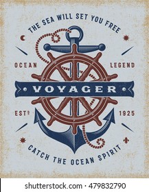 Tipografia Voyager Náutica Vintage. T-shirt e etiquetas gráficos em estilo xilogravura. Ilustração vetorial EPS10 editável.