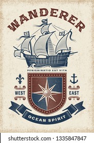 Vintage Nautical Wanderer Typography. T-shirt and label graphics in woodcut style with clipping mask . Editable EPS10 vector illustration.