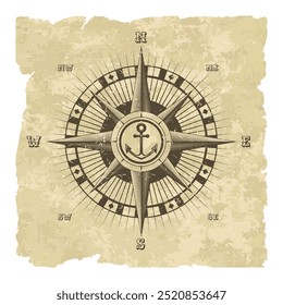 Vintage nautical wind rose. Hand drawn navigation symbol on the old paper sheet