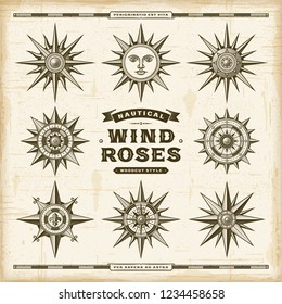 Vintage Nautical Wind Roses Set. EPS10 vector illustration in retro woodcut style with transparency.