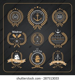 Vintage Nautical Wreath Labels Logo Set And Design Element On Dark Wood Background.