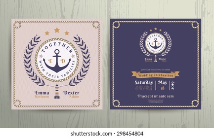 Vintage nautical wreath and rope frame wedding invitation card template on wood background