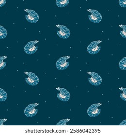 Vintage Nautilus Shrimp on Deep Blue Ocean Pattern. Hand-drawn nautilus shrimp in beige on a deep blue background with small scattered dots create a vintage-inspired oceanic and marine-themed design.