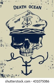 Vintage naval Skull drawing and captain hat.