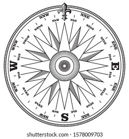 Vintage navigation device, compass with wind rose, vintage hand drawn illustration, isolated on white, vector illustration