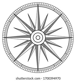 Vintage navigation device, compass with wind rose, vintage hand drawn illustration, isolated on white, vector illustration