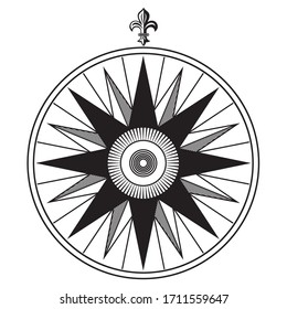 Vintage navigation device, compass with wind rose, vintage hand drawn illustration, isolated on white, vector illustration