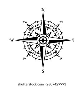 Vintage navigation map compass or wind rose sign. Old pirate treasure cartography element, vintage historical map isolated wind rose. Antique geography navigation monochrome compass
