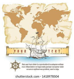 Vintage Navigation Map and Sail Retro Ship with Scroll and text sample. Vector illustration.