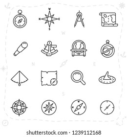 vintage navigation and measuring devices for seafarer, icon set. compass, astrolabe, sextant and others, linear icons. Line with editable stroke