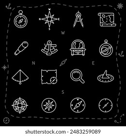 Vintage navigation, white line icons. Compass, astrolabe, sextant, and other navigation devices. historical and maritime themes. Symbols on black background. Editable stroke.