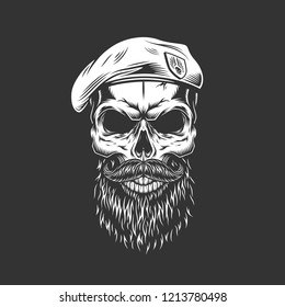 Vintage Navy Seal Skull In Beret With Beard And Mustache In Monochrome Skull Isolated Vector Illustration