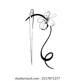 Vintage needle with thread, isolated. Sewing tool for fashion. With freesia. Retro style for stitch, dressmaker, hobby and craft. Graphic vector line, hand drawn, black silhouette for cricut