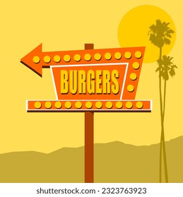 Vintage neon burgers sign with palm trees and bright sun