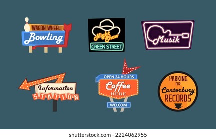 Vintage Neon Signboard and Sign Post as Road Banner with Arrow Vector Set