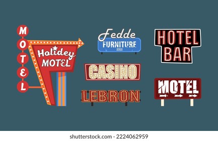 Vintage Neon Signboard and Sign Post as Road Banner with Arrow Vector Set