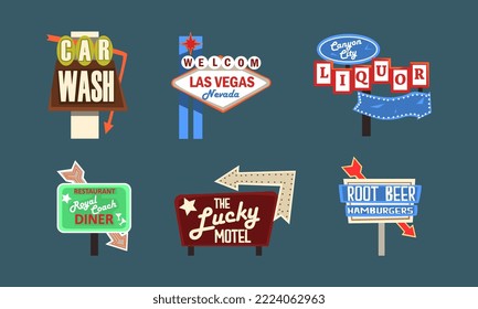 Vintage Neon Signboard and Sign Post as Road Banner with Arrow Vector Set