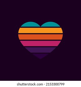 Vintage neon sunset in the shape of a heart, in the style of the 80s. Vector background. A design element.