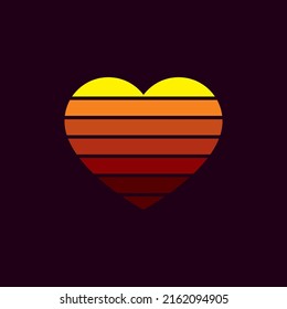 Vintage neon sunset in the shape of a heart, in the style of the 80s. Vector background. A design element.