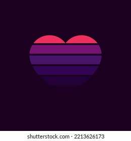 Vintage neon sunset in the shape of a heart, in the style of the 80s. Vector background. A design element.