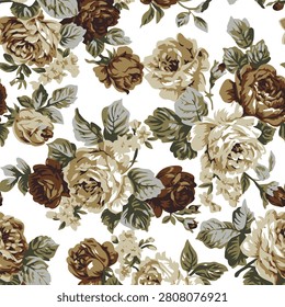 Vintage Neutral Rose Pattern with Elegant Floral Bouquets and Botanical Foliage in Classic Style, Seamless pattern for textile prints on fabric and wallpaper.