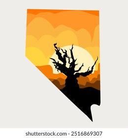 Vintage Nevada State Silhouette with Ancient Tree and Desert Sunset Gradient