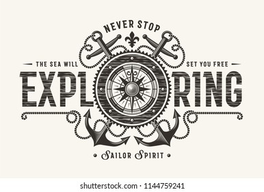 Vintage Never Stop Exploring Typography (One Color). T-shirt and label graphics in woodcut style. Editable EPS10 vector illustration.