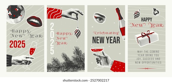 Vintage New Year 2025 Social Media Templates. Retro Style Graphics with photocopy effect for Festive Posts and Stories. Perfect for Holiday Campaigns. Vector illustrations with halftones effect.