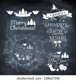 Vintage New Year background. Set of Typography on blackboard with chalk. Christmas vector elements.