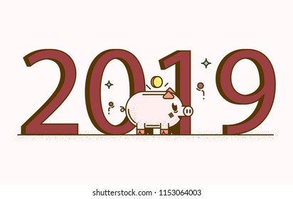 Vintage new year banner. Symbol new year in flat desing. Decorative icon piggy. Trendy card or background. Vector illustration in outline style.
