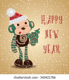 vintage new year card with monkey (vector)
