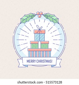 Vintage New Year and Christmas badge or labels with gift boxes for greetings cards, gift tags, Christmas sale or web design. Thin lines. Template for card or invitation. Vector.
