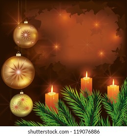 Vintage New year and Christmas card with fir tree,  balls and candles. Place for text. Vector illustration.