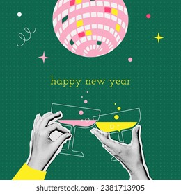 Vintage New year party banner template in groovy 90s style. Two hands holding retro champagne glasses. Trendy halftone collage style. Vector mixed media design.