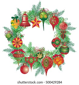 Vintage New Year wreath with branch fir and Christmas balls isolated on white background. Vector illustration
