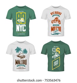 Vintage New York bikers club vector logo t-shirt mock up set. Premium quality Santa Cruz motorcycle logotype tee-shirt emblem illustration. Malibu roadster car street wear retro tee print design.