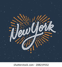 Vintage New York calligraphic handwritten t-shirt apparel fashion design print with distressed and textured look