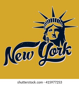 Vintage New York calligraphic handwritten t-shirt apparel fashion design print with distressed and textured look. Statue of liberty t shirt print.