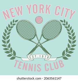 Vintage new york city tennis club slogan print with racket and ball illustration for graphic tee t shirt - Vector