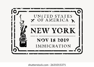 Vintage New York immigration stamp with Statue of Liberty, dated Nov 18, 2019. Features classic design elements and USA theme. Ideal for travel-themed projects. Travel illustration vector.
