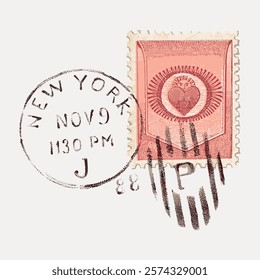 Vintage New York stamp design featuring a postmark and intricate emblem. Classic New York stamp with a detailed postmark and emblem. New York stamp art. Vintage art, isolated vector element.