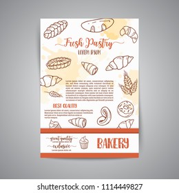 Vintage newsletter with sketch bakery, pastries, sweets, desserts, cake, muffin and bun. Hand drawn design for menu, banner, card, bakery shop Vector