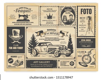 Vintage Newspaper Advertising. Newsprint Labels With Retro Fonts, Frames And Old Illustrations. Vector Realistic Background Press Advertising With Announcements For Fashion Design Work