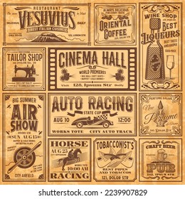 Vintage newspaper banners, old advertising. Vector ads for italian restaurant, coffee, wine and tailor shop. Cinema hall, air show, auto and horse racing, tobacco products and craft beer with perfume